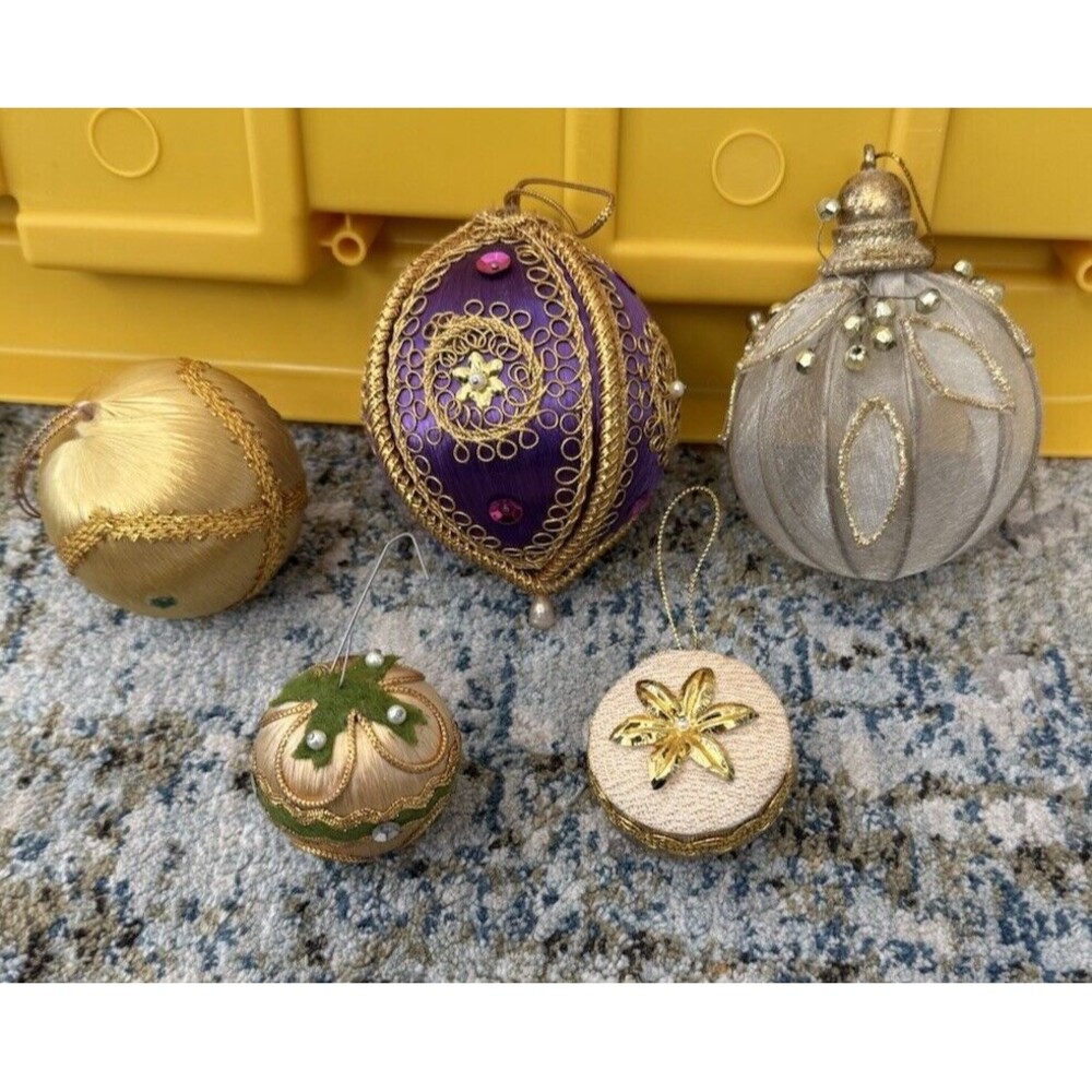 VINTAGE Christmas Ornaments Push Pin Beaded Satin Sequin Handmade Lot Of 5